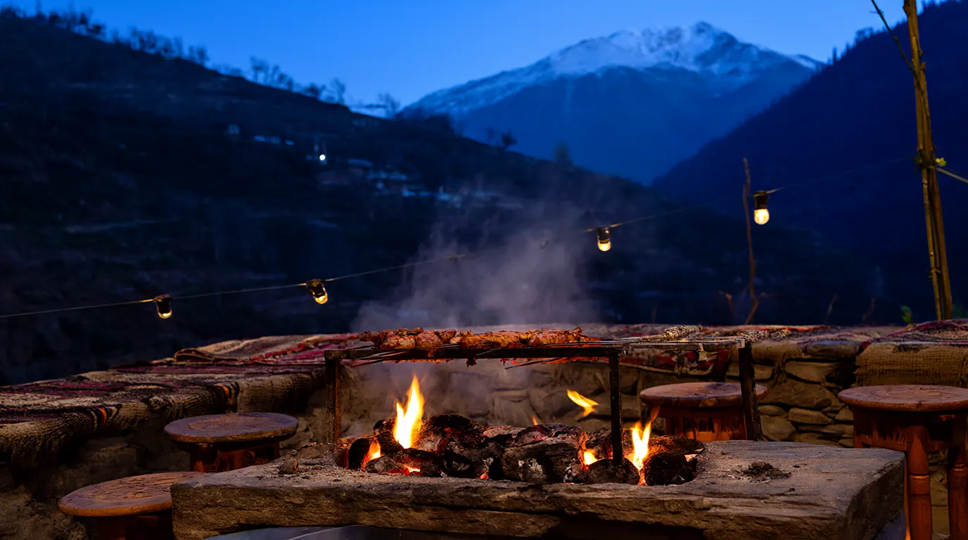 A barbecue grill smoking at dusk